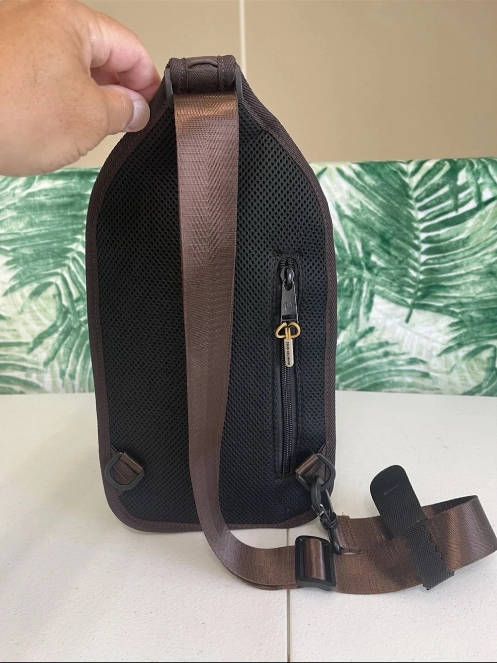 True Religion Brown Sling Belt Bag with Gold Accent